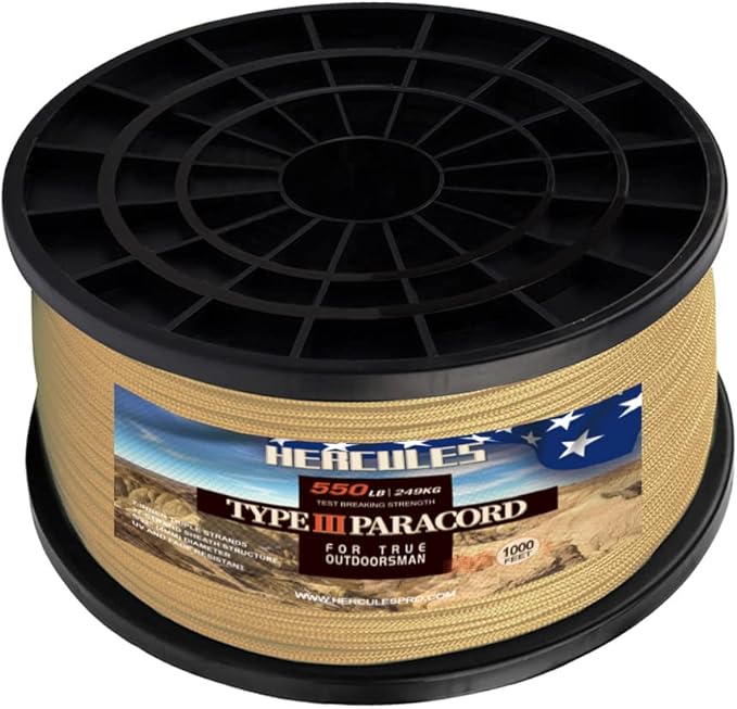 HERCULES Type III Paracord 550 Paracord Rope Parachute Cord, 1000' Desert Tan for Camping Cord, Survival Rope