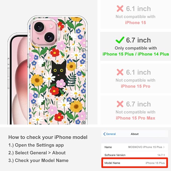 MOSNOVO Case for iPhone 15 Plus/iPhone 14 Plus, [Buffertech 6.6ft Military-Grade Drop Protection] [Anti Peel Off Tech] Clear TPU Bumper Phone Case Cover Design - Black Cat in Garden