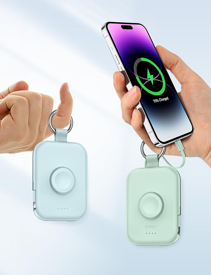 RORRY Portable Charger, 5000mAh Portable Charger Power Bank with Built-in Cables, Travel Keychain Battery Pack for Apple Watch Ultra/11/10/9/8/7/6/SE, iPhone Air/17/16/15/14/13/12, Blue