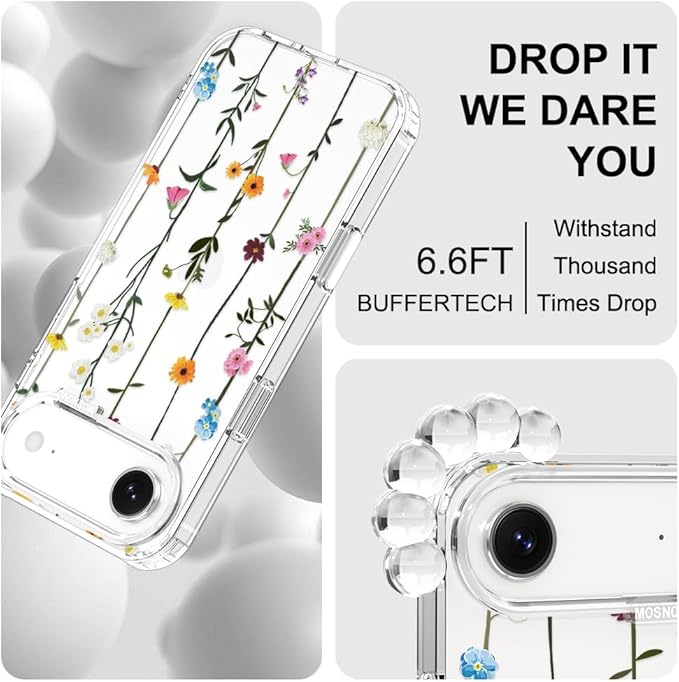 MOSNOVO for iPhone Air Case | Military Grade 6.6ft Drop Tested | Camera Control | Clear with Wildflowers Design