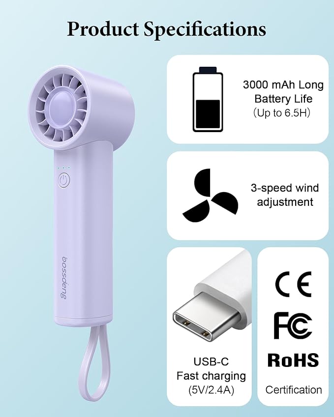 Portable Handheld Fan with Power Bank(High-Speed),3 IN 1 USB Rechargeable Mini Personal Fan with Flashlight,Small Size for Outdoor/Travel/Beach/Concerts/Summer.Gifts for Girl,Women.Purple