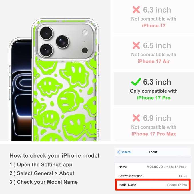 MOSNOVO for iPhone 17 Pro Case | Military Grade 6.6ft Drop Tested | Camera Control | Clear with Distorted Green Smiles Face Design