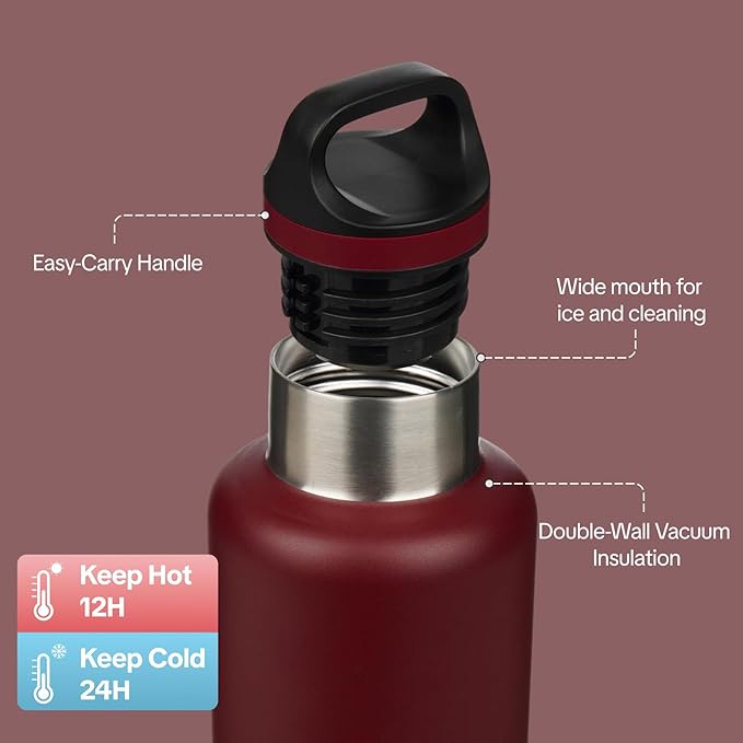 BJPKPK Insulated Water Bottle 32OZ Stainless Steel Water Bottle with Handle Double Walls Vacuum Insulated BPA Free Flask, Deep Red