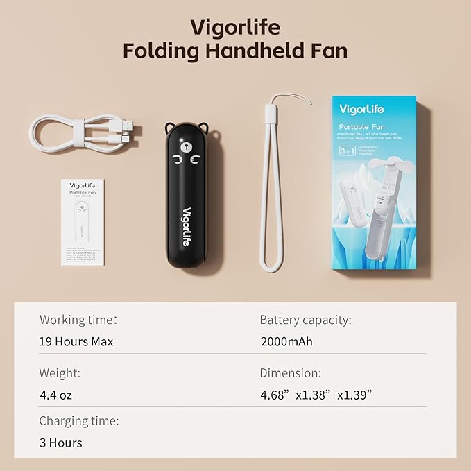 Mini Handheld Fan,USB Rechargeable 3 IN 1 Personal Cooler Fans with Power Bank,LED Flashlight,Small Foldable Portable Pocket Fan-Travel & Emergency Essentials for Outdoor Black
