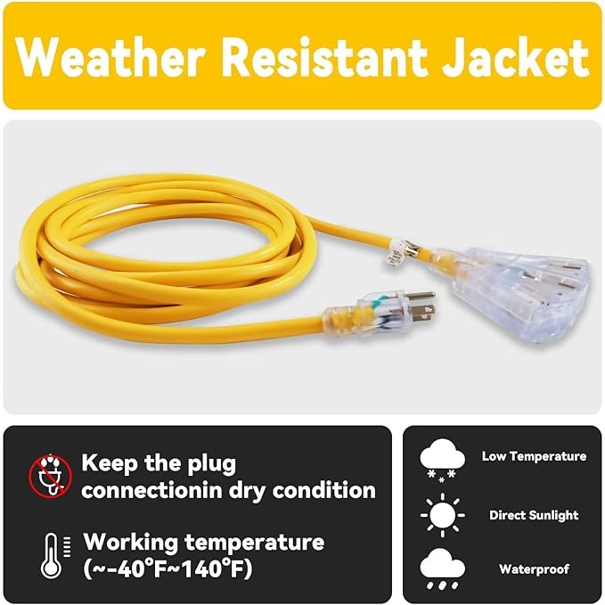 EP 2 Pack 25 Ft 12 Gauge Heavy Duty Extension Cord, 15A 125V 1875W, 3 Outlet Indoor/Outdoor Power Cord with Lighted End, 12/3 SJTW Weatherproof Yellow