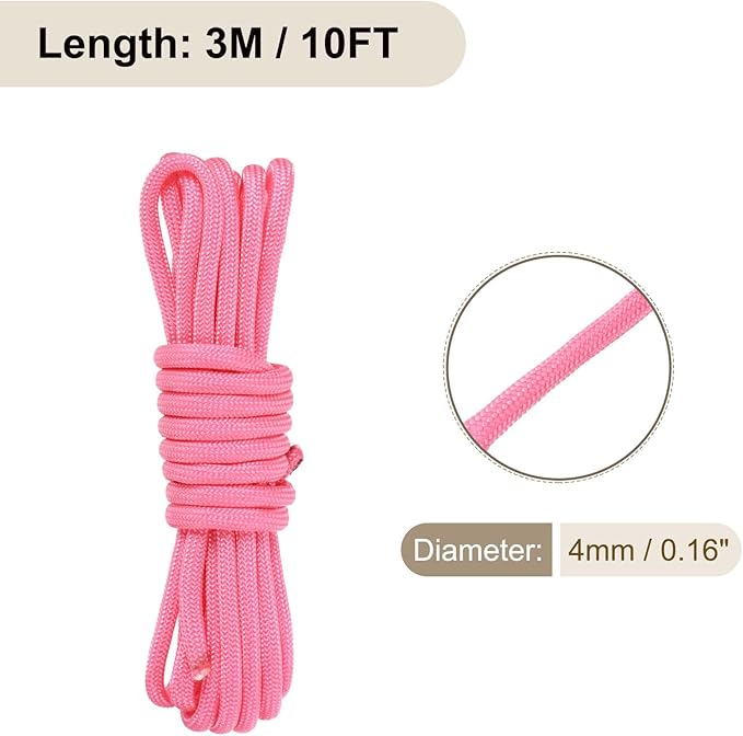 550 Paracord Rope 10ft, 4mm Thin Paracord Nylon Cord 7-Strand Core [for Tent Camping Outdoor Gear] - Fluorescent Pink