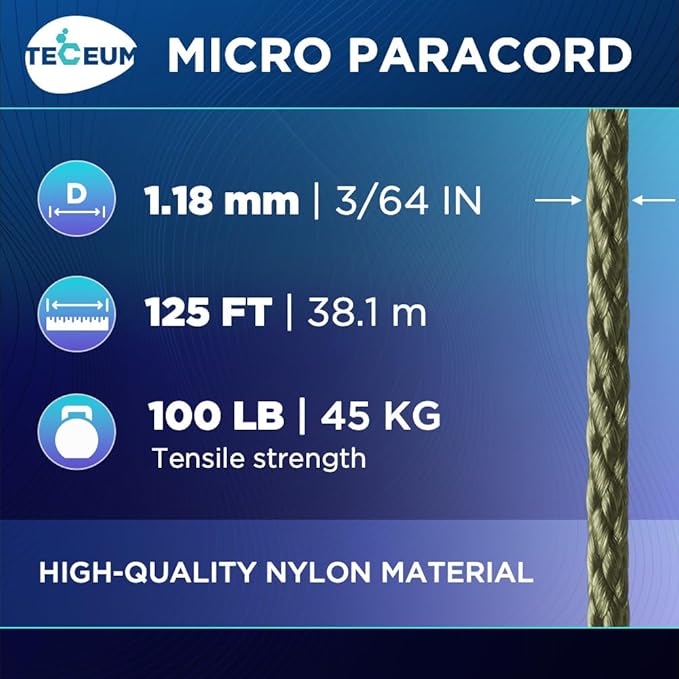 TECEUM Micro Paracord – 1.18 mm X 125 ft – Micro Utility Cord – Thin Braided Paracord Rope – Best for Crafting, DIY Projects, Fishing, Camping – Wind Chime Replacement – Survival Strong String