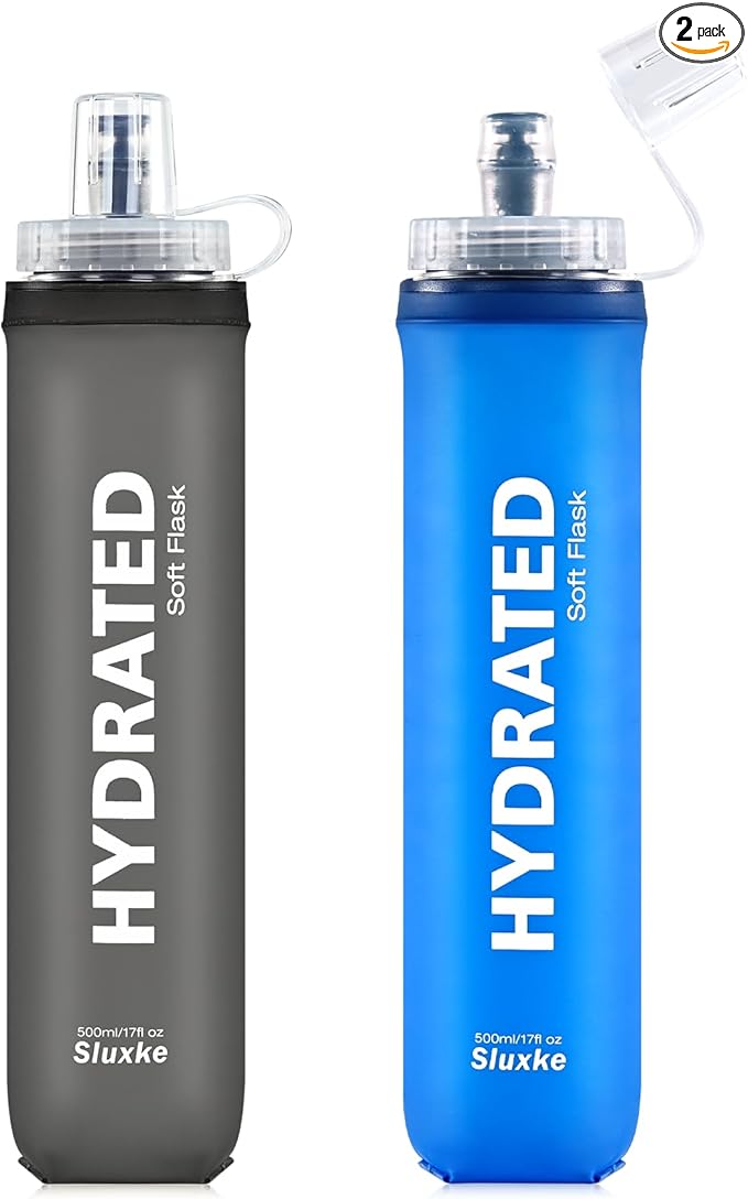 SLUXKE Soft Flask 2 Pack with Dust Cap, 17oz/500ml Flexible TPU Soft Water Flasks for Running Vest, BPA-Free Hydration Foldable Flask for Hiking, Cycling