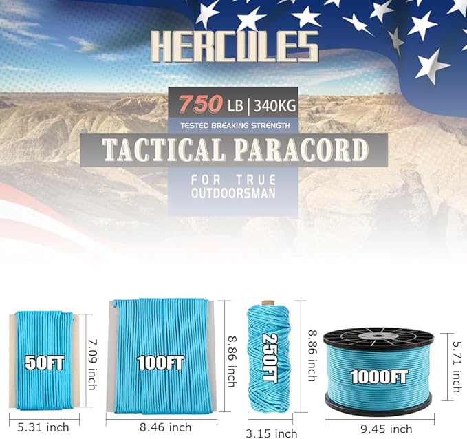 HERCULES 750lb Paracord 4mm 11 Strands Tactical Parachute Cord, 50' 100' 250' 1000' Utility Rope for Camping, Survival, Outdoor Gear (Sky Blue, 100FT)