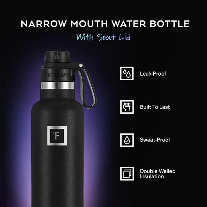 IRON °FLASK Camping & Hiking Hydration Flask with Spout, Narrow Mouth Insulated Stainless Steel Sports Water Bottle - Midnight Black 24 oz - Spout (1 Lid)