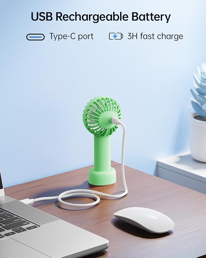 SWEETFULL Mini Portable Fan - Rechargeable Handheld Fan, 3 Speeds Personal Small Hand Gifts for Travel Essentials, Lash, Makeup, Eyelash, Kids, Girls, Women - USB, Cute Design Green