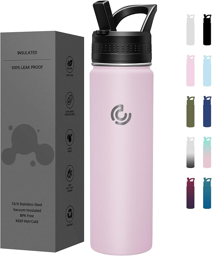 COKTIK 22oz Sports Water Bottle, Stainless Steel Water Bottle for Insulated, Reusable Travel Bottle, With Straw, With Handle Grip for Easy Carrying, Suitable for Cycling, Outdoor Vacations(Blush)