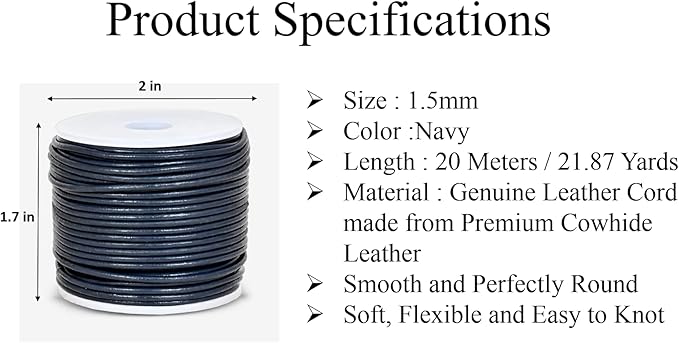 GENIQUE Real/Genuine Round Leather String Cord for Necklace, Bracelets, Jewelry, Kumihimo Braiding, DIY Projects (20 Metres) (1.5mm, Navy Blue)