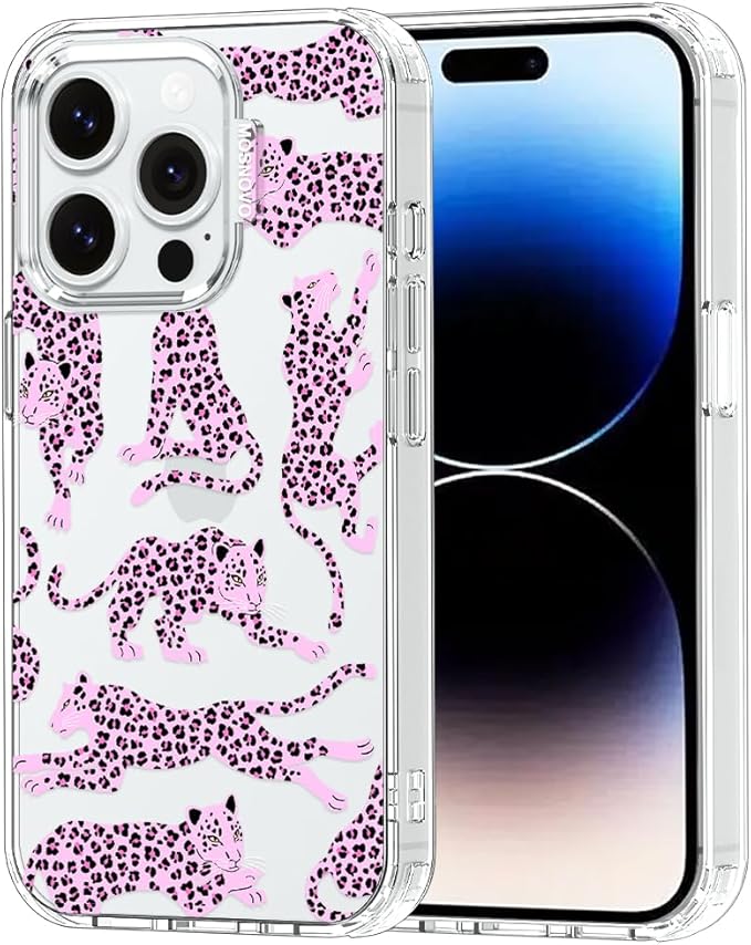 MOSNOVO Case for iPhone 14 Pro, [Buffertech 6.6ft Military-Grade Drop Protection] [Anti Peel Off Tech] Clear TPU Bumper Phone Case Cover Design - Pink Leopard