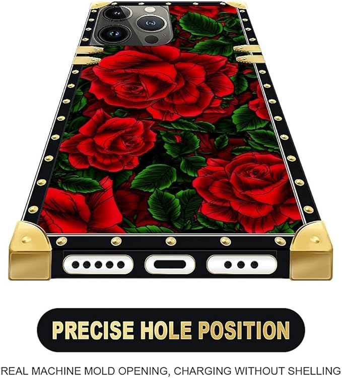 Compatible with iPhone 16 Pro Case, Vector Red Rose Green Leaf Luxury Golden Decoration for Girl Women Soft TPU Shockproof Protective Hard PC Back