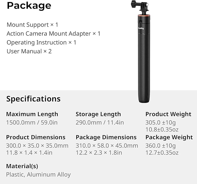 SmallRig 59" Extendable Selfie Stick Tripod for GoPro Hero 13/12/11, for DJI Action 6/5 Pro/4, for DJI Pocket 3, for Xtra Muse, for Akaso, 1/4"-20 Screw for Insta360 X5/X4, Mirrorless Camera - 5284