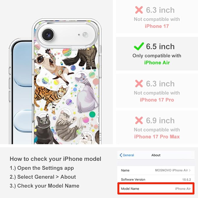 MOSNOVO for iPhone Air Case | Military Grade 6.6ft Drop Tested | Camera Control | Clear with Space Cat Design