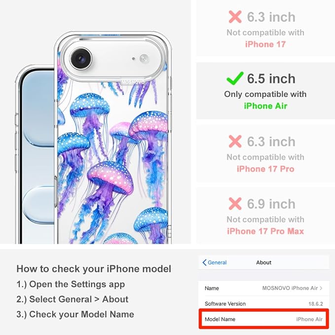 MOSNOVO for iPhone Air Case, Shockproof Military-Grade Protection 6.6ft Drop Tested, Camera Control, Clear Phone Case for iPhone 17 Air, Mystic Jellyfish Design