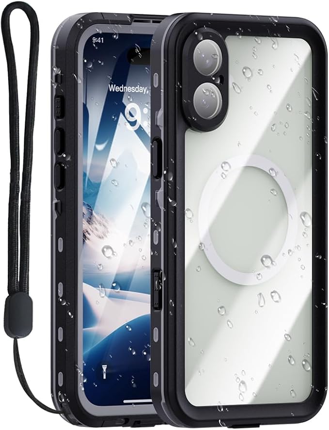 Compatible for iPhone 16 Plus Case Waterproof 【Compatible with Magsafe 】【IP68 Underwater】 Clear Magnetic Built-in Screen Protection Lanyard Diving Swim Dustproof Shockproof Black