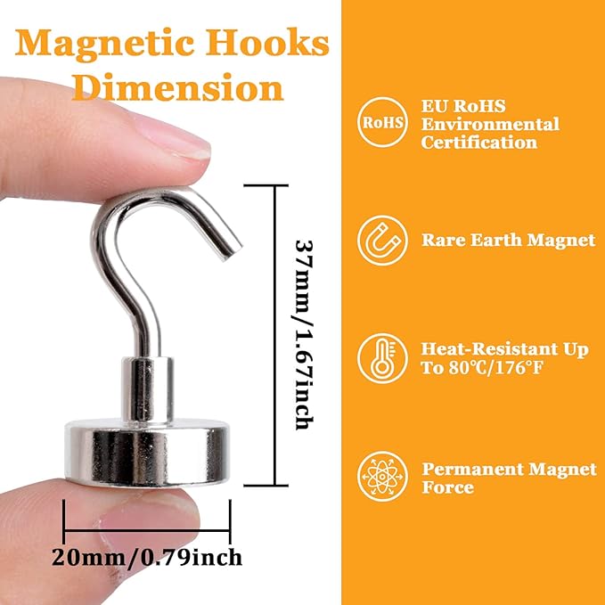 20Pack Magnetic Hooks, 35lb+ Strong Magnetic Hooks Heavy Duty Rare Earth Neodymium Magnets with Hooks for Hanging, Heavy Duty Hooks Magnetic for Cruise Cabins Camping Kitchen Fridge Classroom Office