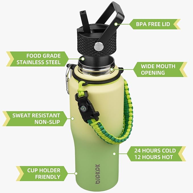 BJPKPK Insulated Water Bottles with Straw Lid, 23oz Metal Water Bottle with 2 lids & Paracord Strap, Double Wall Stainless Steel Vacuum Tumblers, Cups, Mugs, Thermo for Hot& Cold Drinks, Fresh Green