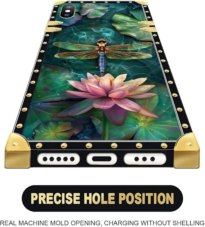 Compatible with iPhone XR Case, Colourful Dragonfly Pink Lily Pads Luxury Golden Decoration for Girl Women Soft TPU Shockproof Protective Hard PC Back for iPhone XR