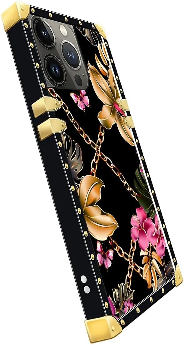 Compatible with iPhone 15 Pro Max Case, Pink Golden Chain Tropical Flower Luxury Golden Decoration for Girl Women Soft TPU Shockproof Protective Hard PC Back for iPhone 15 Pro Max