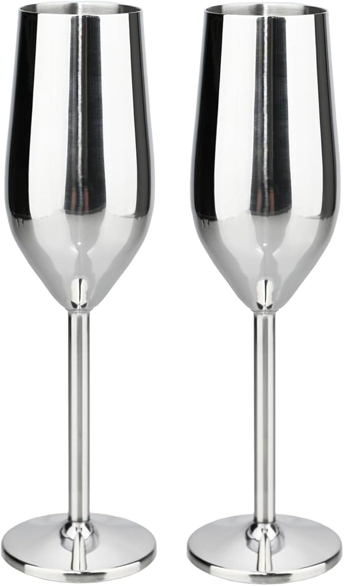 TJ Unbreakable 8 Oz Stainless Steel Champagne Flutes (2 Pack)- Silver Champagne Glasses - Reusable Indoor Outdoor Drinkware - Keeps Drink Cool for Longer - Gift Idea
