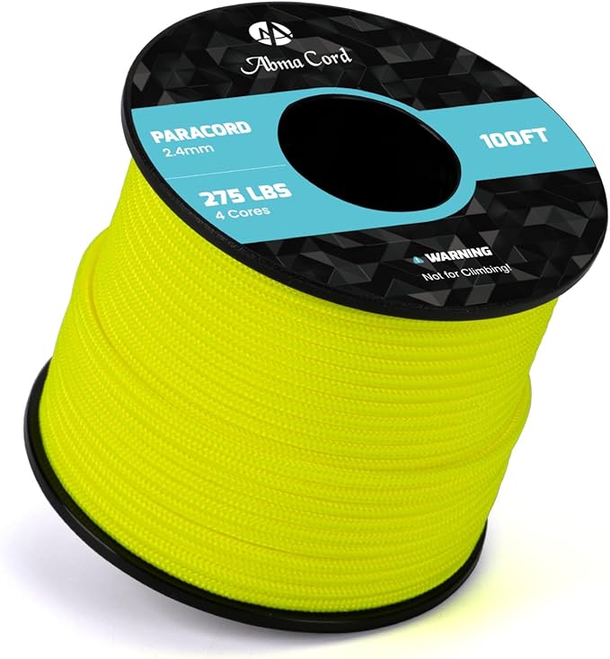 Abma Cord 2.4mm Paracord 275 100ft Nylon Rope 4 Strands Tactical Parachute Cord - Max. 275lbs - Neon Yellow