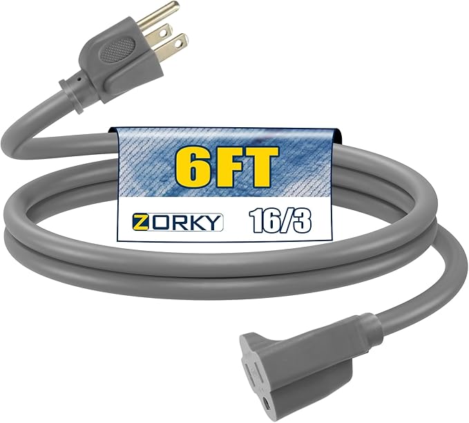 6ft Outdoor Extension Cord for Christmas Decorations - 16/3 Heavy Duty SJTW Waterproof Gray Electrical Cable with 3 Prong Grounded Plug for Safety, Great for Lawn and Major Appliances