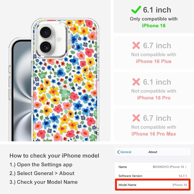 MOSNOVO Case for iPhone 16, [Buffertech 6.6ft Military-Grade Drop Protection] [Anti Peel Off Tech] Clear TPU Bumper Phone Case Cover Design - Little Flowers