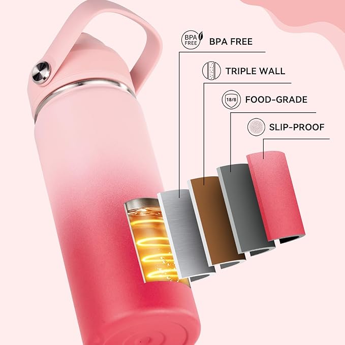 Fijinhom 18oz Insulated Stainless Steel Water Bottle, Wide Mouth Double Wall Vacuum, Silicone Straw, Sweat & Leak Proof, BPA Free Insulated Water Flask for Travel, Keep Cold 24h Hot 12h, Pink Gradient