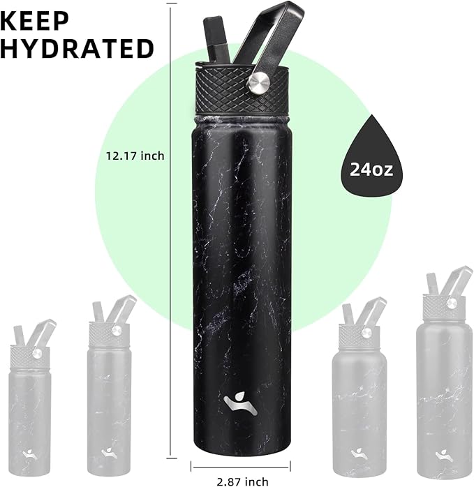 Konokyo Insulated Water Bottle 24oz Stainless Steel Sport Bottles with 3 Lids,Marble Midnight