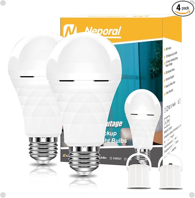 Neporal A19 Rechargeable Light Bulbs, Socket Rechargeable Emergency Light Bulb for Power Failure, 1200mAh Battery Backup Light Bulbs for Home, Hurricane, Led Bulb 60 Watt Equiv. (Daylight-2 PK)