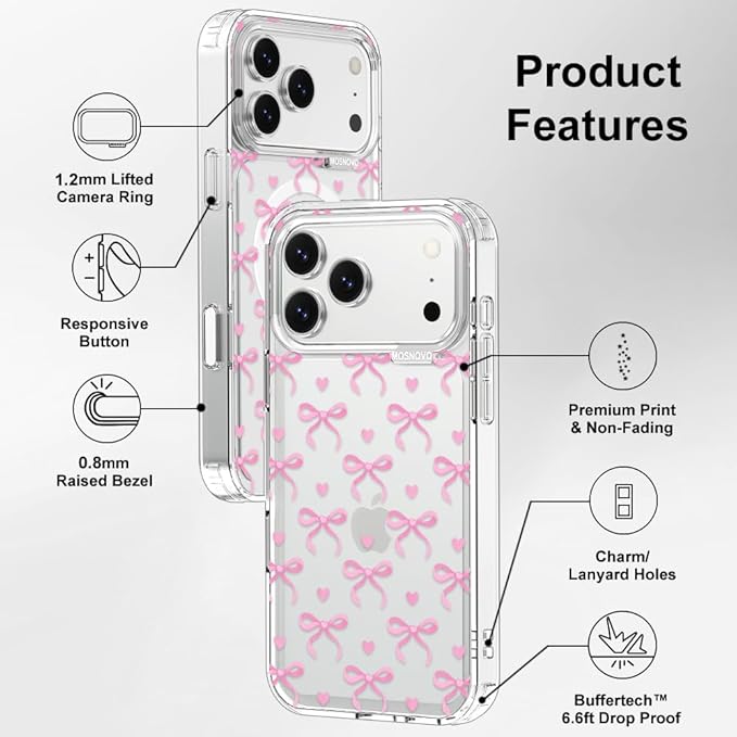 MOSNOVO for iPhone 17 Pro Max Case | Military Grade 6.6ft Drop Tested | Camera Control | Clear with Bowtiful Love Design