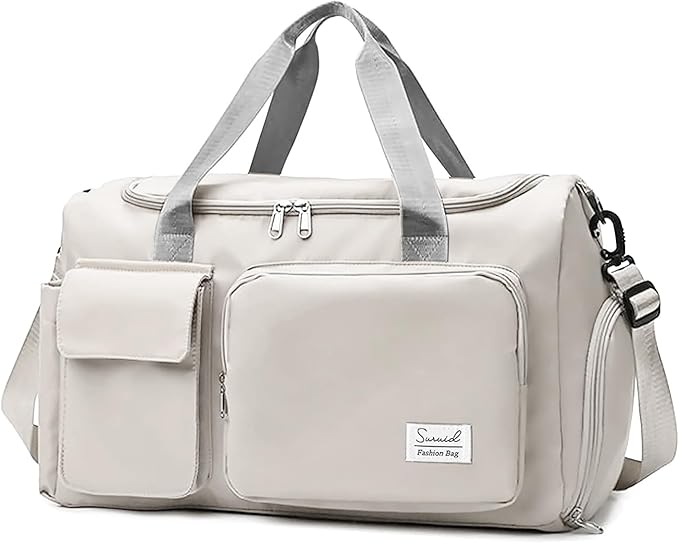 Suruid Travel Duffel Bag with Shoes Compartment Sports Gym Bag with Dry Wet Separated Pocket for Men and Women, Overnight Bag Weekender Bag Training Handbag Yoga Bag - White Gray