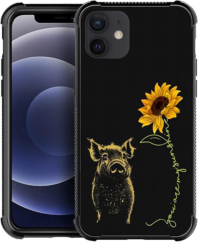 for iPhone 12/12 Pro Case, Pig Sunflower Yellow Sunshine Pattern Graphic Design Girl Boy Soft Silicone Hard Acrylic Shock Protection for iPhone 12/12 Pro