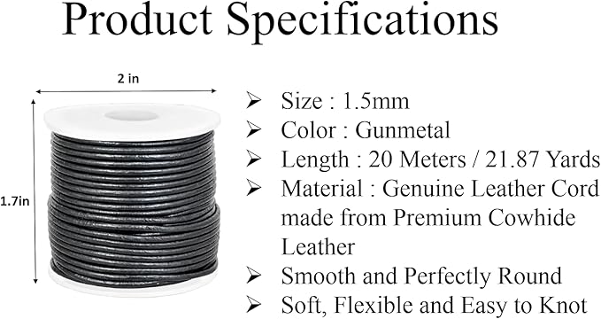 GENIQUE Real/Genuine Round Leather String Cord for Necklace, Bracelets, Jewelry, Kumihimo Braiding, DIY Projects (20 Metres) (1.5mm, Gunmetal Metallic)