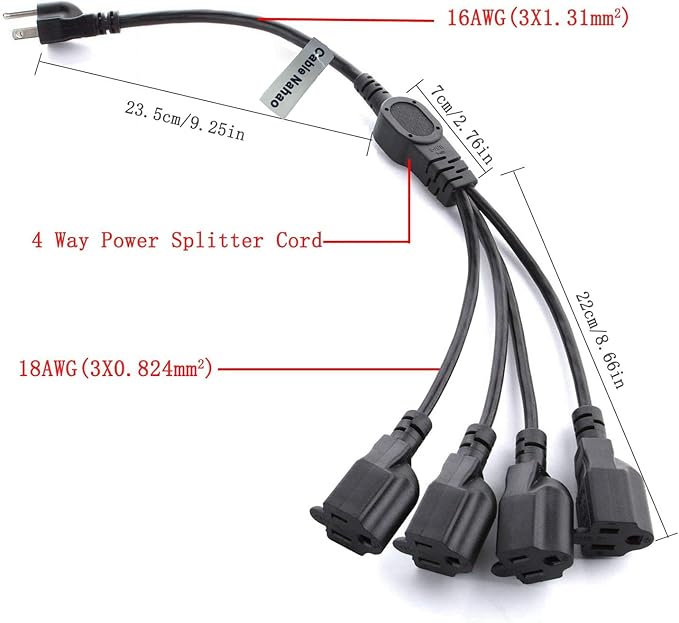 3 Prong 1 to 4 Outlet Power Cord Splitter Cord,Indoor Outdoor Cable Strip Outlet Saver,Power Extension Cable,SJT 16AWG,ETL Approved for Computer, LED Stage Light(20 Inch, Black)