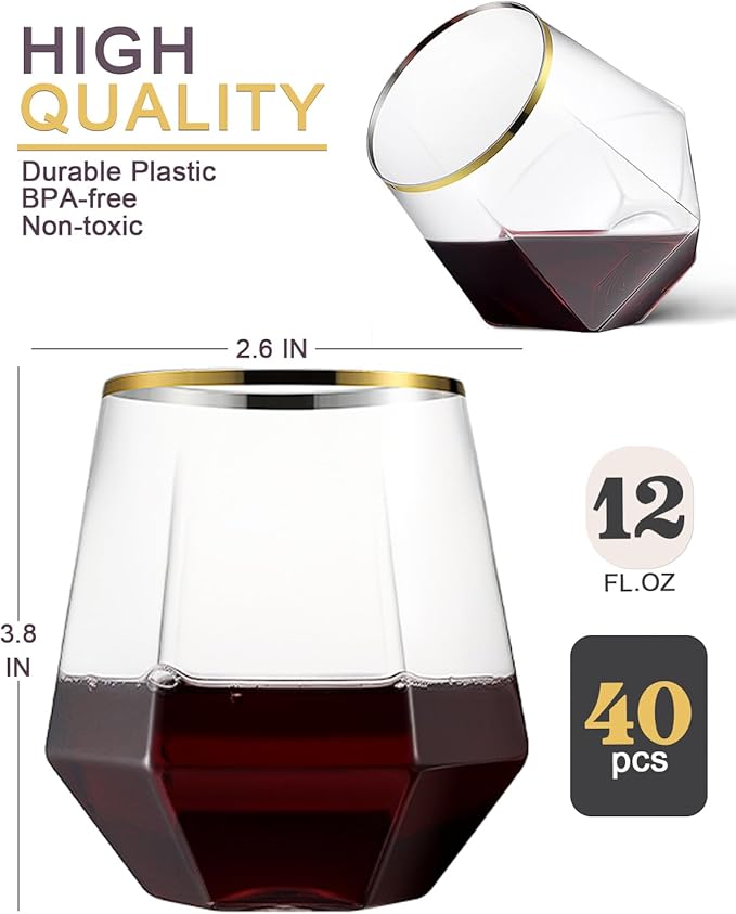 Maaacute 40 Pcak Plastic Stemless Wine cocktail Whiskey Champagne Glasses, 12 Oz Gold Rim Disposable Clear Unbreakable Cups for Party Bars Wedding Tasting (Diamond-shaped)