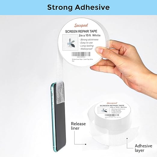 Secopad White Window Screen Repair Tape, 2 in X 15 FT (360IN) Screen Repair Kit for Windows or Doors, Strong Adhesive Screen Patch Fiberglass Screen Tape Mesh Repair
