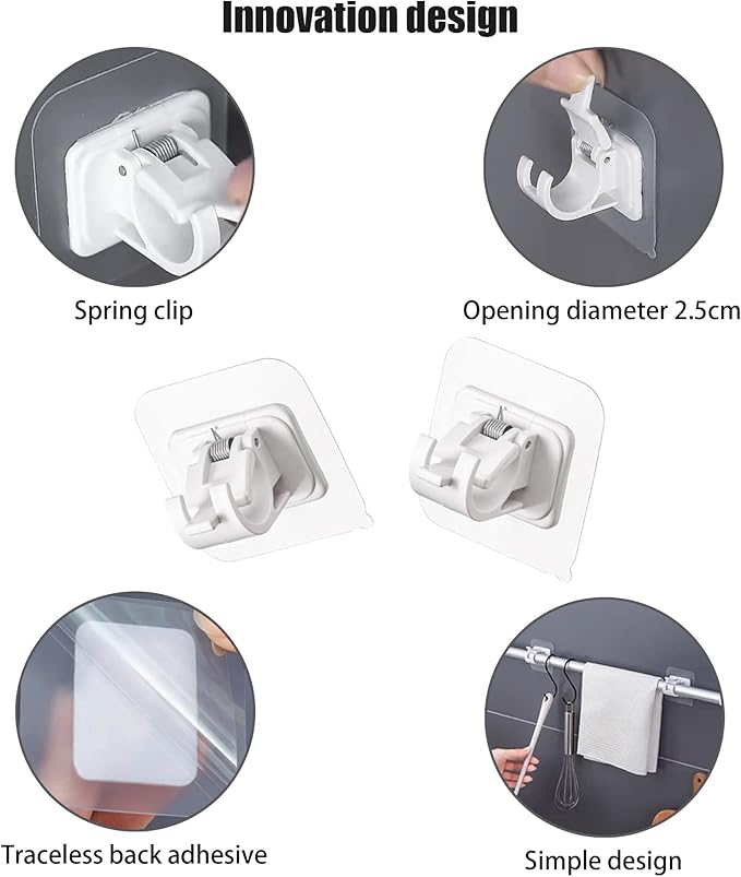 Self Adhesive Curtain Rod Holder,Universal No Drilling Hanging Pole Support,Multipurpose Bathroom Kitchen Hotel Wall Clip,Mounted-Free Clothes Bar Retainer,Adjustable Heavy Duty Hanger Hook(4pcs)