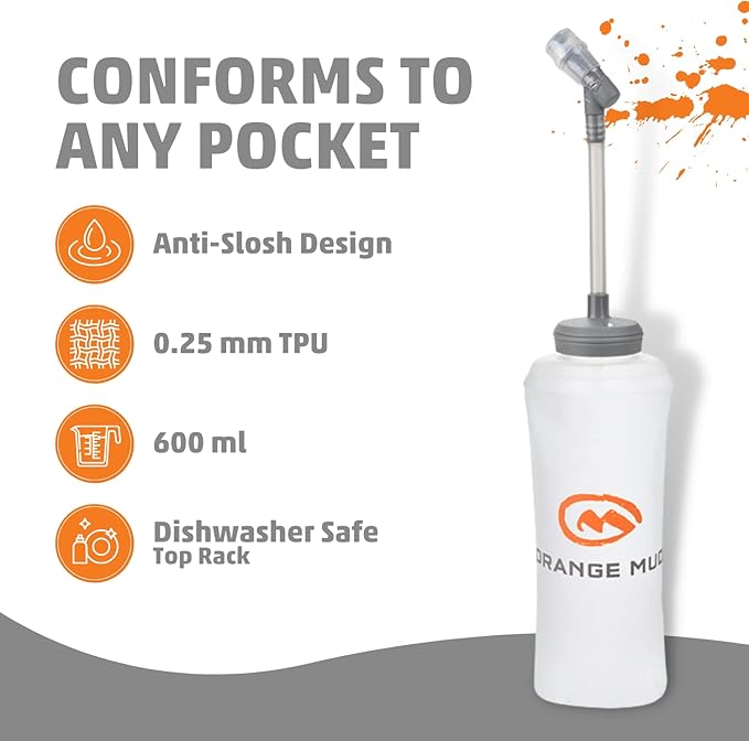 Orange Mud 600ml Soft Flask - UltraFlask (One Bottle) - Collapsible Hydration Bottle with Sport Cap & Hose - Pocket Fit, BPA-Free, Anti-Slosh Design