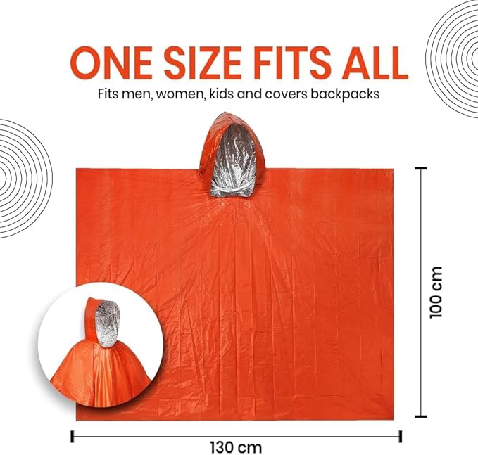 Emergency Survival Poncho (4pc) Thermal Mylar Foil Coating Blanket for Heat Retention and Rain | Reversible with Hood | Waterproof, Windproof, Portable | Orange | 100x130cm