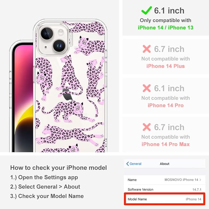MOSNOVO for iPhone 13/14 Case | Military Grade 6.6ft Drop Tested | Clear with Pink Leopard Design