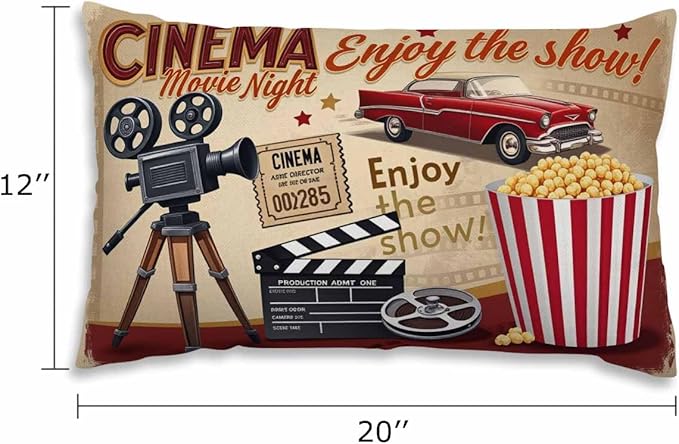 EKOBLA Throw Pillow Case 12x20 Inch Cinema Retro Poster Letters Movie Night Enjoy The Show Pop Corn Projector Studio Decorative Throw Pillow Cover Rectangle Cushion Covers Cotton Linen 12x20 Inch