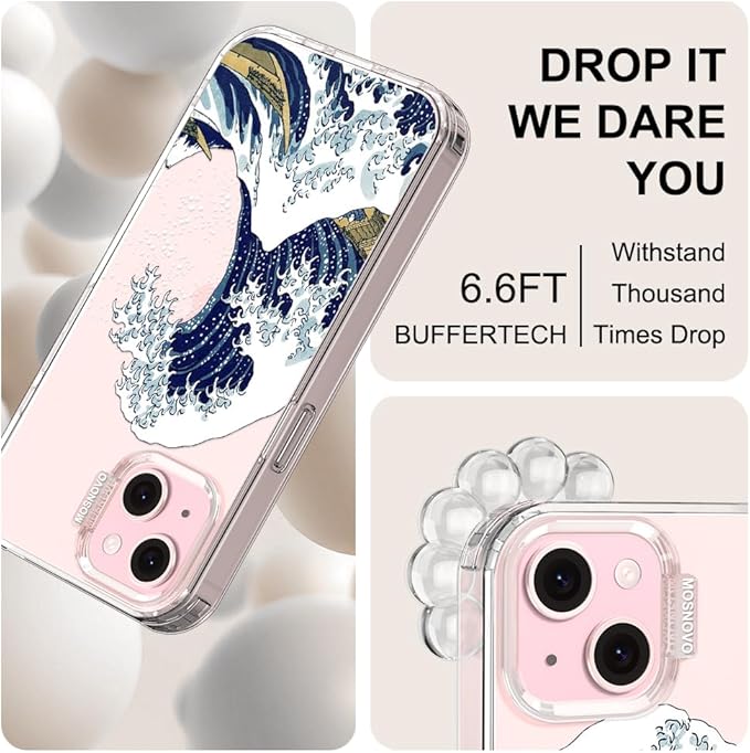 MOSNOVO Case for iPhone 15, [Buffertech 6.6ft Military-Grade Drop Protection] [Anti Peel Off Tech] Clear TPU Bumper Phone Case Cover Design - Great Wave