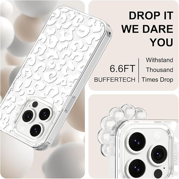 MOSNOVO Case for iPhone 14 Pro, [Buffertech 6.6ft Military-Grade Drop Protection] [Anti Peel Off Tech] Clear TPU Bumper Phone Case Cover Design - White Leopard Print