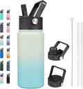 BJPKPK Insulated Water Bottles with Straw Lid, 18oz Stainless Steel Metal Water Bottle, Cold Hot Thermo with 3 Lids, Leak Proof BPA Free Travel Cup, Wide Mouth Flasks, Thermo -Mint