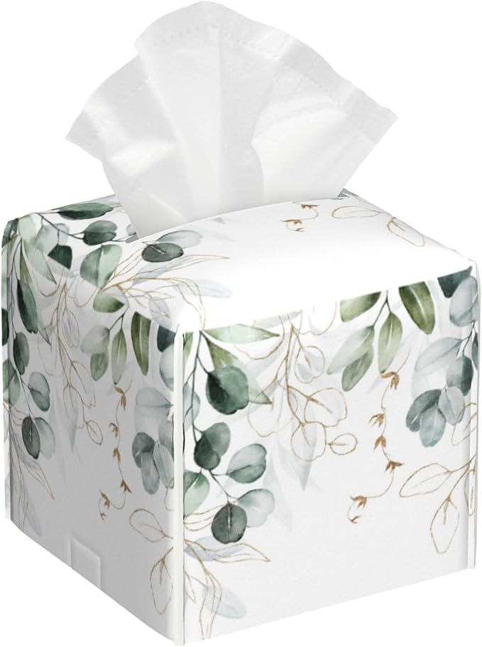 Tissue Box Cover Square,Eucalyptus Leaves Leaf Tissue Box Holder Waterproof Leather Facial Paper Case Modern Home Decoration for Bedroom Dresser Night Stand Office Desk